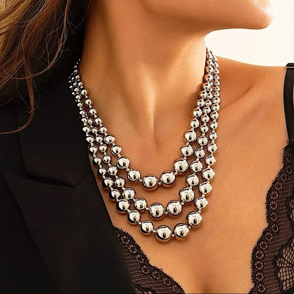 Beaded Ball Silver Multilayered Choker Necklace - Picture 2 of 6